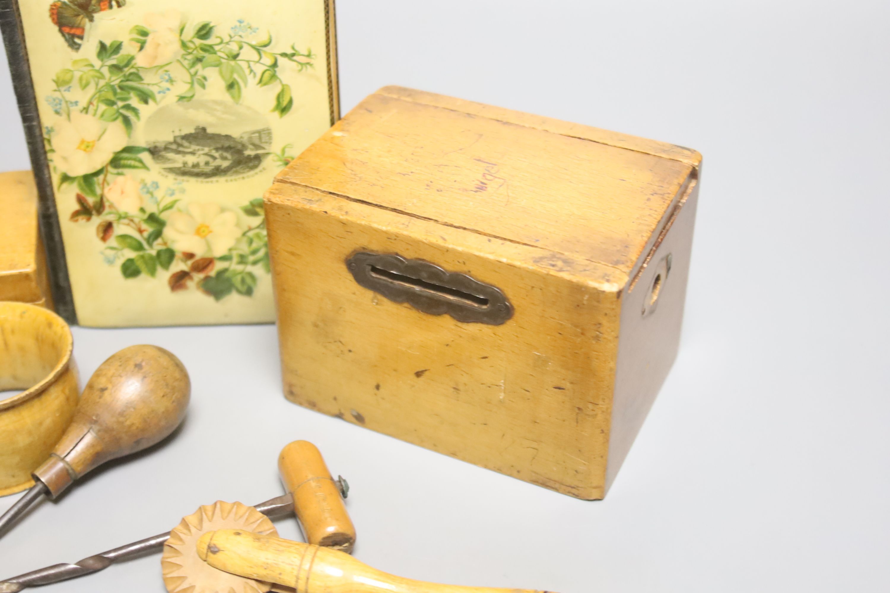 A Victorian Mauchline ware album and box, Eastbourne Wish Tower and skating rink, and 4 other items